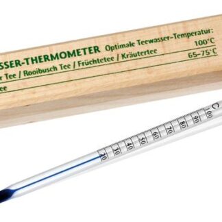 Afbeelding van de thermometer daarnaast ligt de houten verpakking die als bescherming werkt voor het glas van de thermometer